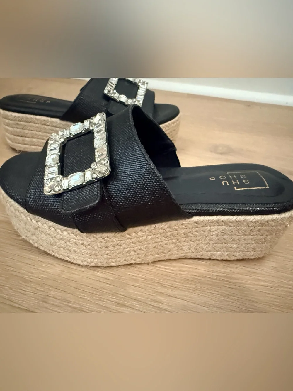 ShuShop Black Jeweled Buckle Wedge Slides